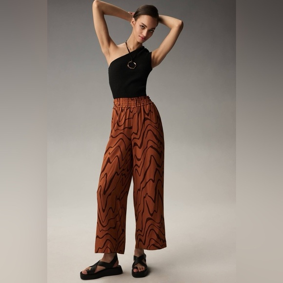 Anthropologie Wide Leg pull on pant bronze wavey artsy pattern retro 70s small S - Picture 16 of 16